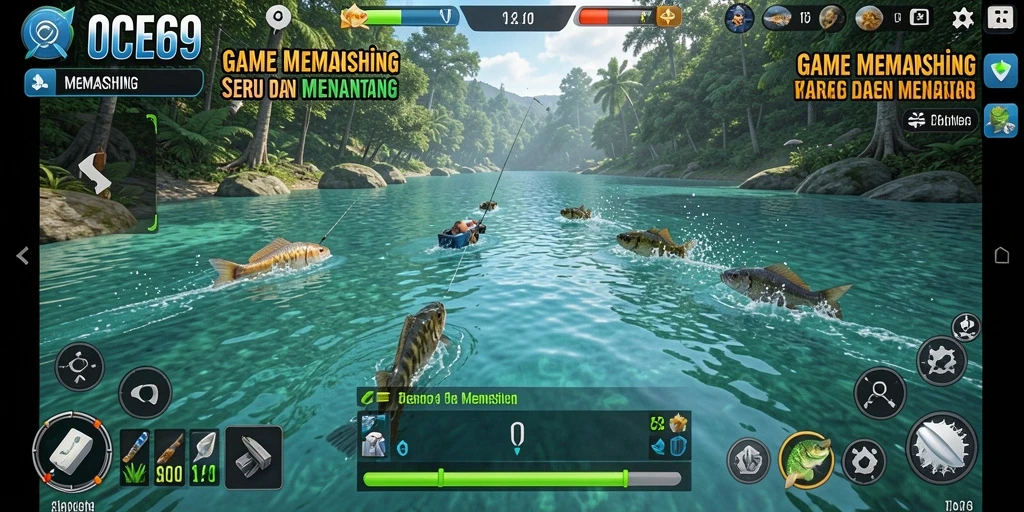 Antarmuka permainan OCE69 menampilkan lokasi memancing yang indah dan interaksi yang menarik.