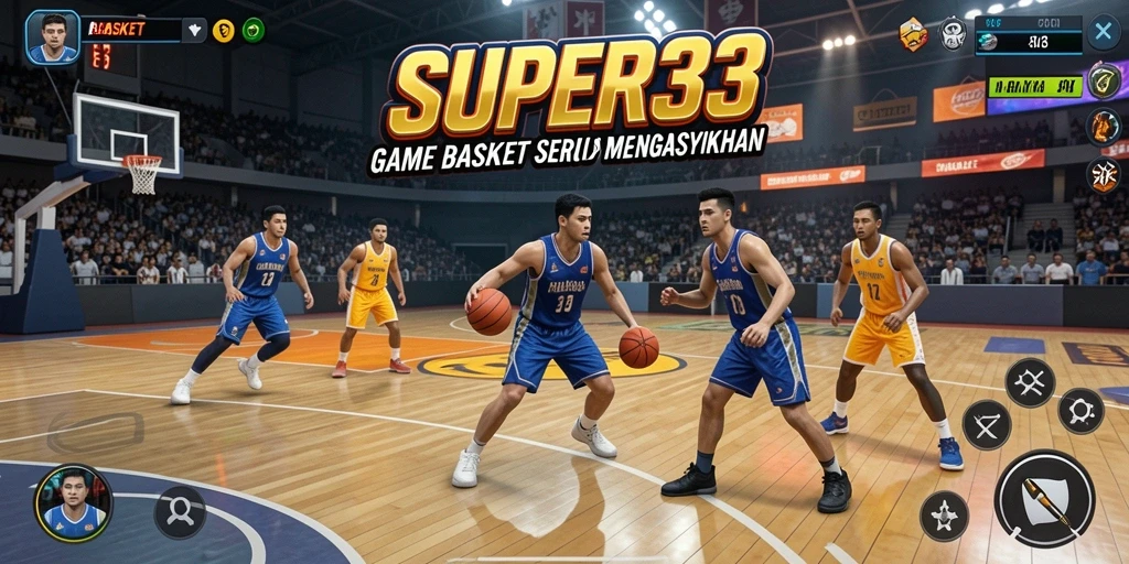 Antarmuka SUPER33 dengan tampilan lapangan Basket yang mendebarkan.